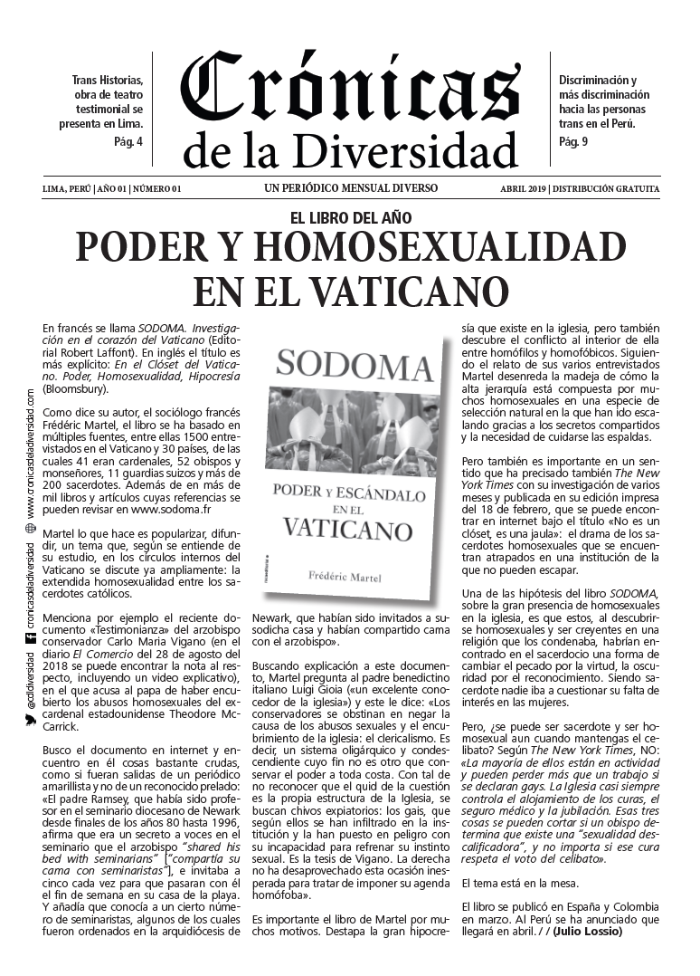 Portada original de Crónicas de la Diversidad N.º 01: Poder y homosexualidad en el Vaticano