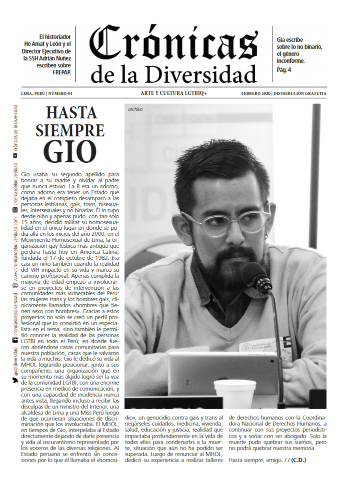 Portada original de Crónicas de la Diversidad N.º 04: Hasta siempre, Gio