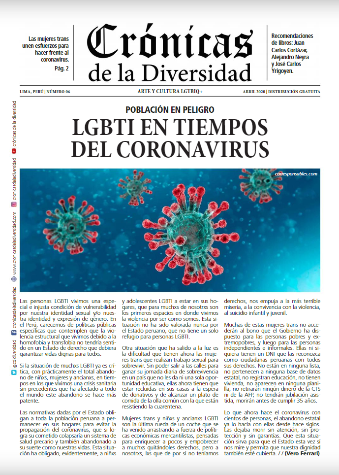 Portada original de Crónicas de la Diversidad N.º 06: Población LGBT en tiempos del coronavirus